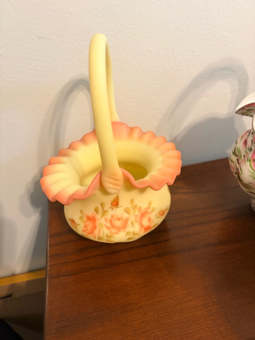 Fenton Burmese Uranium Glass 8.5" Basket Hand Painted Roses Signed C. Flaherty.